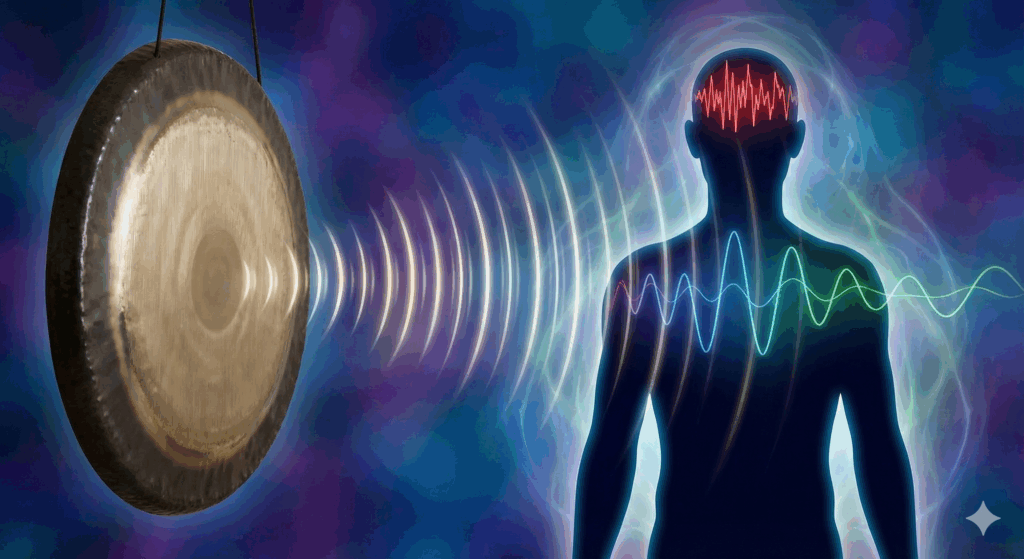 Una ilustración conceptual que visualiza cómo las vibraciones del gong impactan el campo energético humano y ayudan a la transición de ondas cerebrales de estados de estrés a estados de calma.