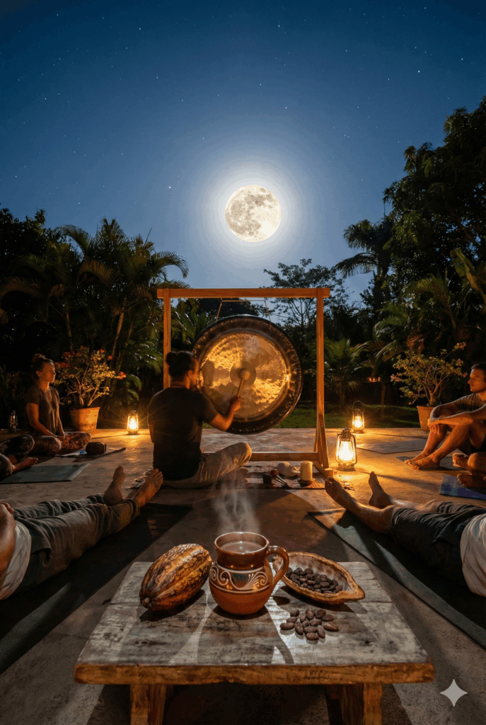 Grupo de personas sentadas en círculo participando en una meditación de luna llena y gong al aire libre, iluminados por lámparas de gas.