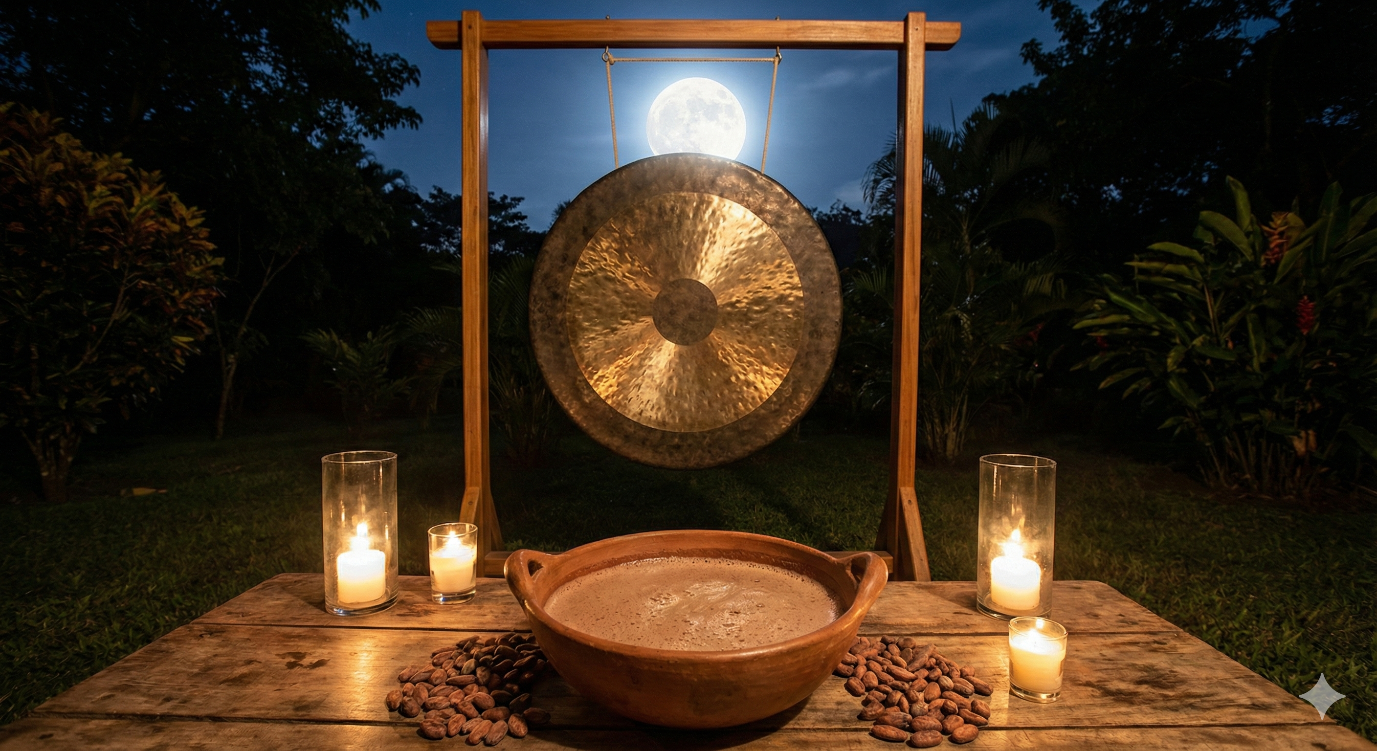 Mesa ceremonial con taza de cacao natural y velas frente a un Chau Gong de 34 pulgadas en un patio iluminado por la luz de la luna llena.