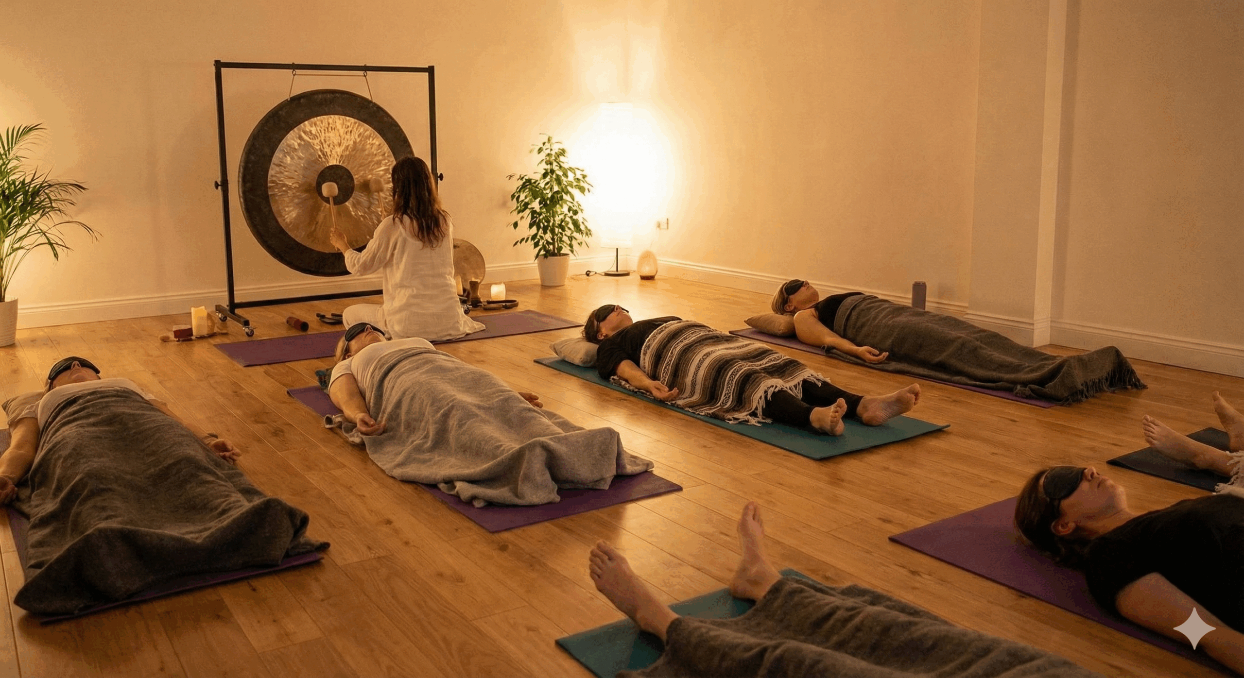 Una sesión de baño de gong en curso, mostrando el ambiente relajado y la configuración típica con el instrumento y los participantes.