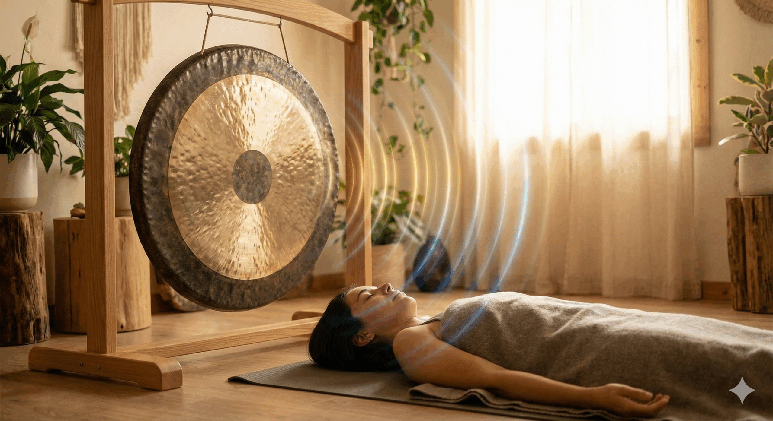 Sesión de terapia de sonido y baño de gong para la relajación profunda y el alivio del estrés.