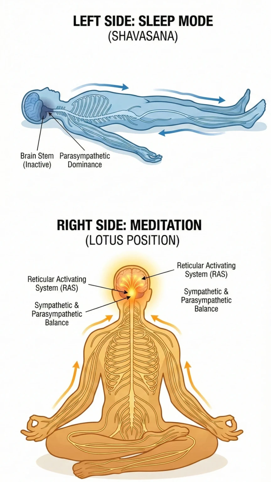 Comparativa del sistema nervioso en meditación con gong y neurociencia: postura vertical vs horizontal.