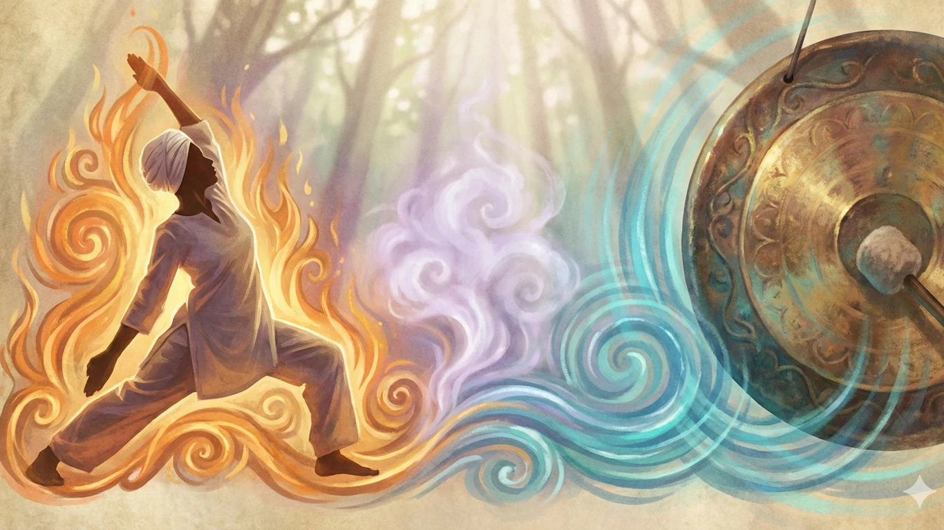 Una silueta en pose de Kundalini rodeada de energía de fuego naranja/dorado. Un gran gong de bronce emitiendo ondas sonoras como agua azul/turquesa que bañan el fuego, creando vapor y armonía