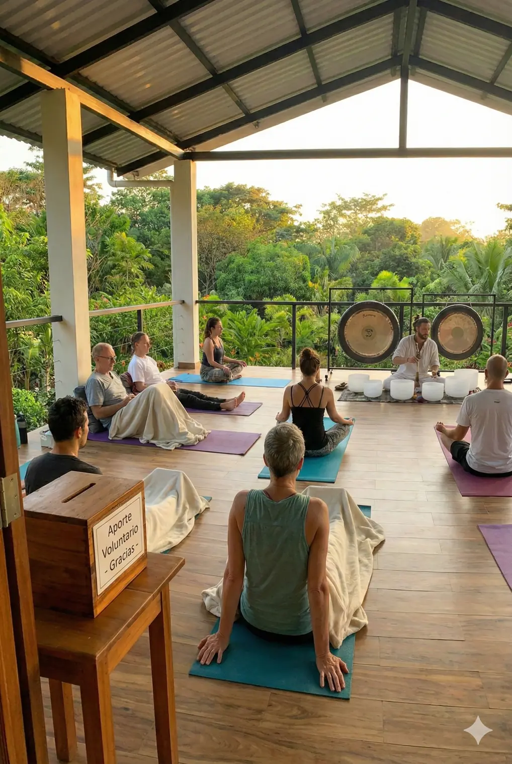 Sesión comunitaria de baño de gong al aire libre en terraza tropical con caja de aporte voluntario visible.