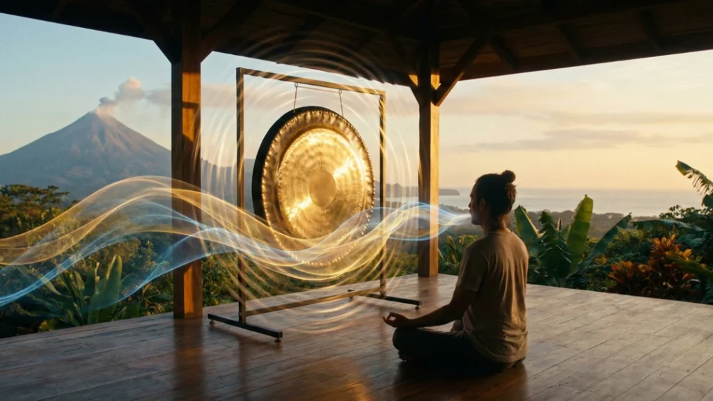 A person sits in a meditative pose facing the gong. Ethereal, swirling waves of golden and blue energy are visibly emanating from the person's breath