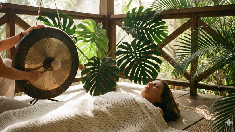 A powerful photograph of a woman undergoing a deep sound healing transformation. She is lying down, covered by a light blanket, with a serene expression
