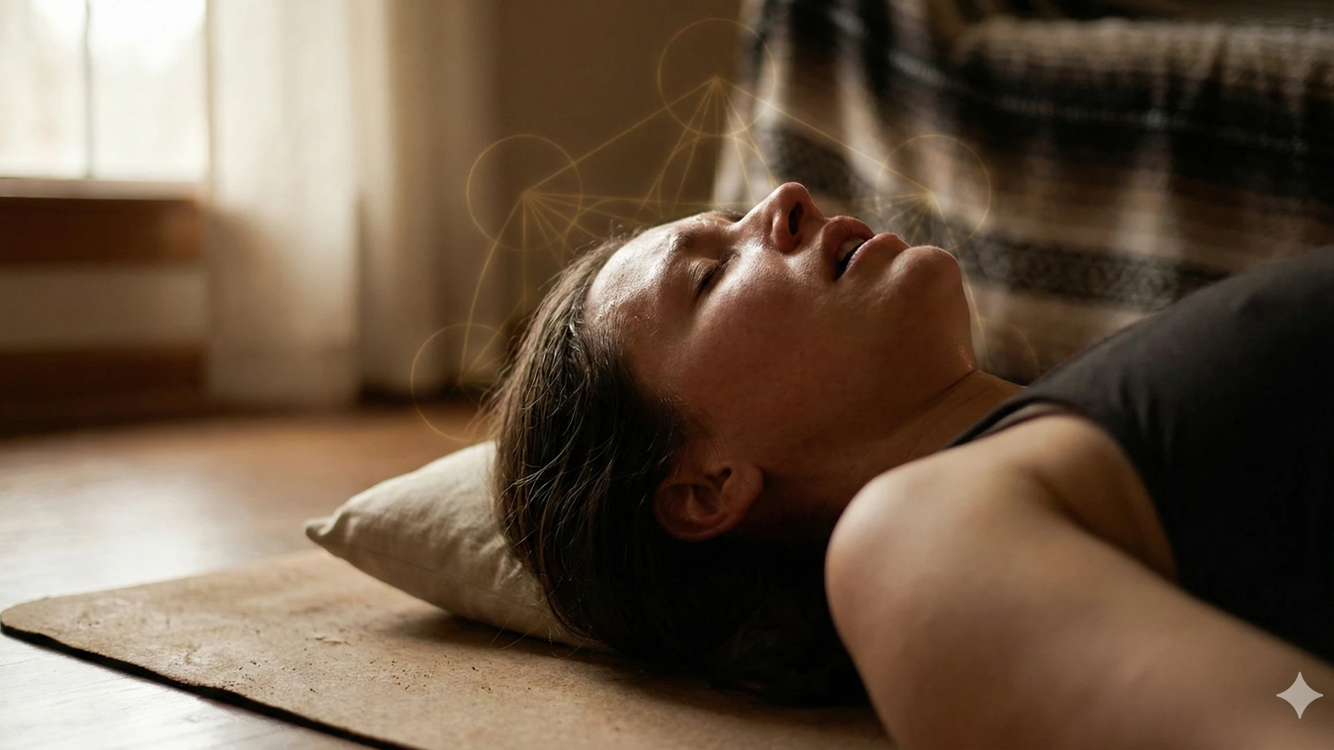 A candid, intimate close-up photograph of a person lying down during an intense breathwork session. Their eyes are closed, head tilted slightly back, with an expression of deep emotional release and ecstatic surrender
