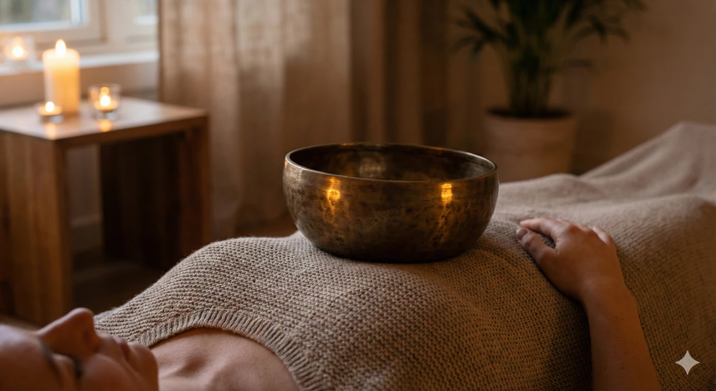 cuenco tibetano y nepales colocado sobre el cuerpo de una paciente recibiendo sonoterapia