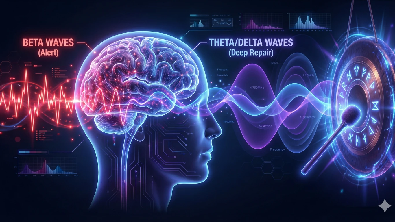Un gong emite ondas suaves púrpuras y azules que golpean el cerebro, transformando las líneas rojas en líneas azules lentas y fluidas etiquetadas "ONDAS THETA/DELTA