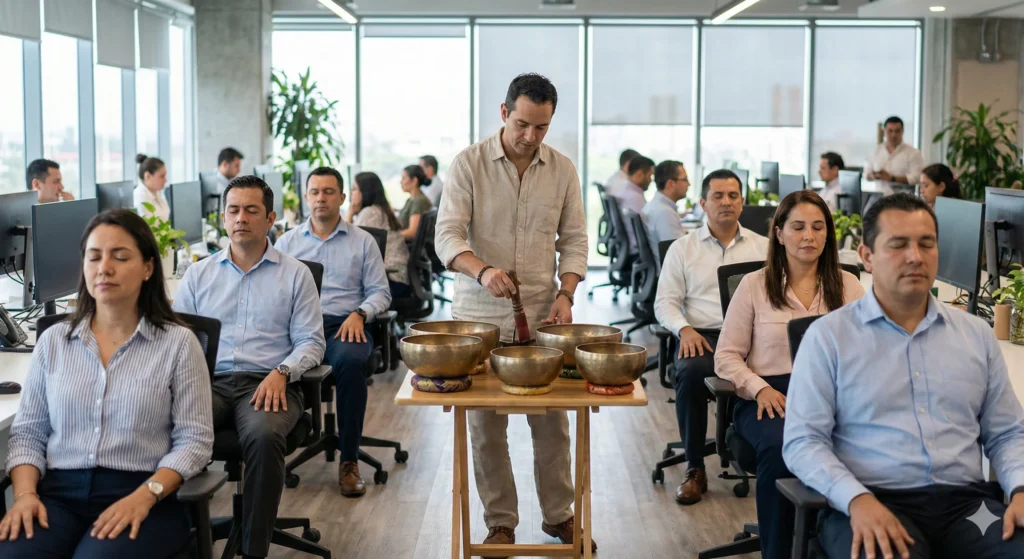 Un hombre de pie, vestido con una camisa de lino beige, toca un cuenco tibetano con un mazo de madera mientras dirige una sesión de meditación para un grupo de empleados de oficina sentados con los ojos cerrados. La escena transcurre en una oficina moderna con grandes ventanales, donde los trabajadores, en su mayoría con camisas azules o blancas, meditan en sus sillas de escritorio alrededor de una mesa con varios cuencos tibetanos.