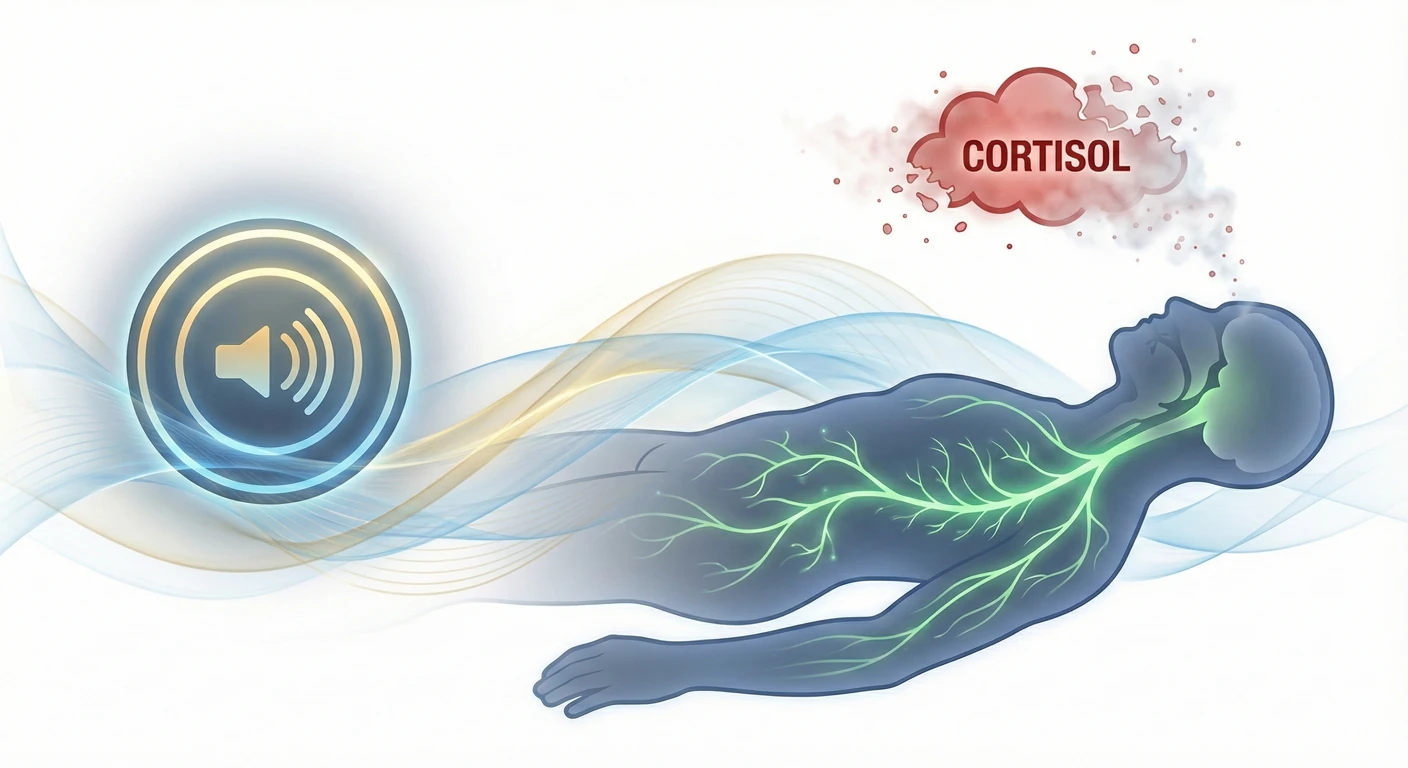 Ilustración médica conceptual que muestra los beneficios del baño de gong: una silueta humana en reposo profundo recibiendo ondas sonoras suaves azules y doradas. En el torso, se resalta en verde la activación del nervio vago desde el tronco cerebral hasta el abdomen. Sobre la cabeza, una nube roja etiquetada como 'CORTISOL' se disuelve, representando la reducción del estrés.
