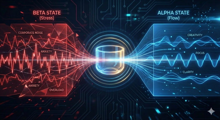 A comparative data visualization graphic. On the left side, labeled 'BETA STATE (Stress)', show jagged, erratic, red and chaotic frequency lines representing corporate noise and anxiety. In the middle, a Crystal Singing Bowl acts as a filter. On the right side, labeled 'ALPHA STATE (Flow)', show smooth, harmonic, blue and organized sine waves