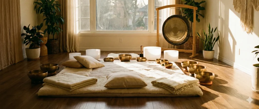 Un espacio sereno preparado para una Sesiones de sonoterapia en estudio, con una gran colchoneta central cubierta de mantas y almohadas sobre un suelo de madera. Alrededor de la colchoneta hay varios cuencos tibetanos de metal y cuencos de cristal blanco. Al fondo, frente a una gran ventana por la que entra luz solar, se encuentra un gran gong en un soporte de madera, flanqueado por plantas en macetas.