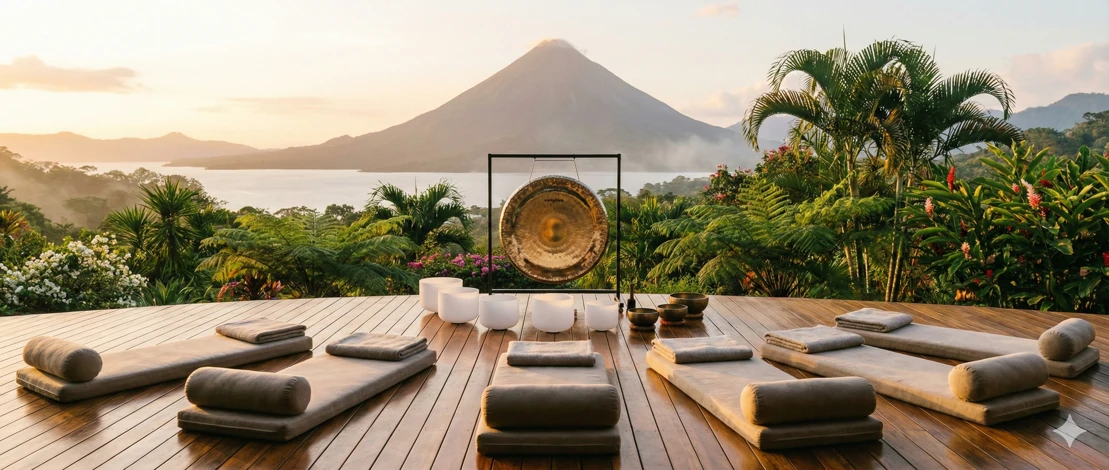 Un gran gong sinfónico brillante ubicado en el centro, flanqueado por un set de cuencos de cuarzo esmerilado y cuencos tibetanos antiguos. Varias colchonetas cómodas con mantas de alta calidad están dispuestas ordenadamente para la sesión. Baños de Gong beneficios y contraindicaciones en Nicaragua.