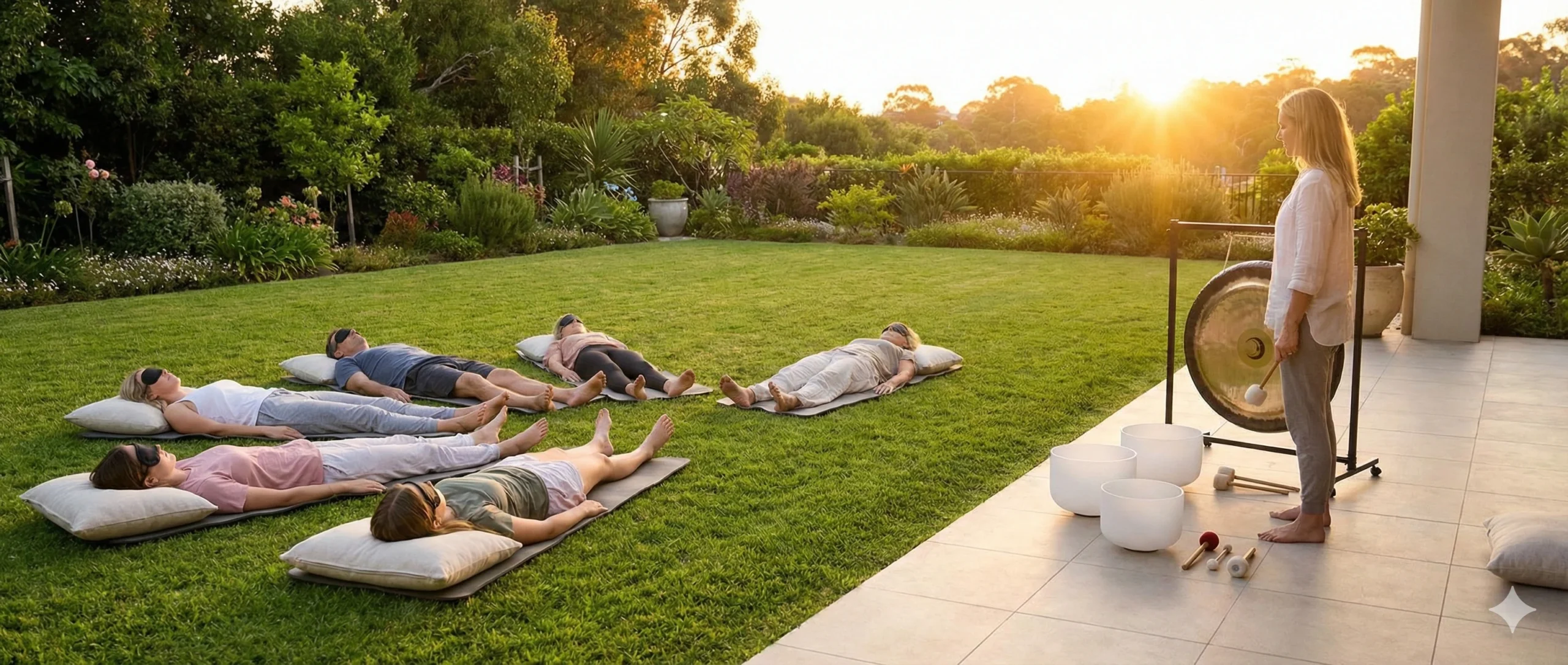 Facilitadora tocando un gong y cuencos cantores para un grupo de personas acostadas en el césped durante una meditación guiada al aire libre.