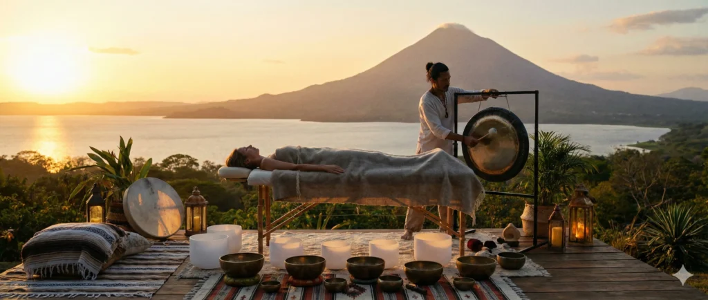 Sesión de sonoterapia al atardecer al aire libre. Un terapeuta toca un gran gong mientras una mujer se relaja en una camilla de masaje, rodeada de cuencos tibetanos de cuarzo y metal sobre alfombras. El fondo muestra un lago y un volcán bajo una luz dorada.