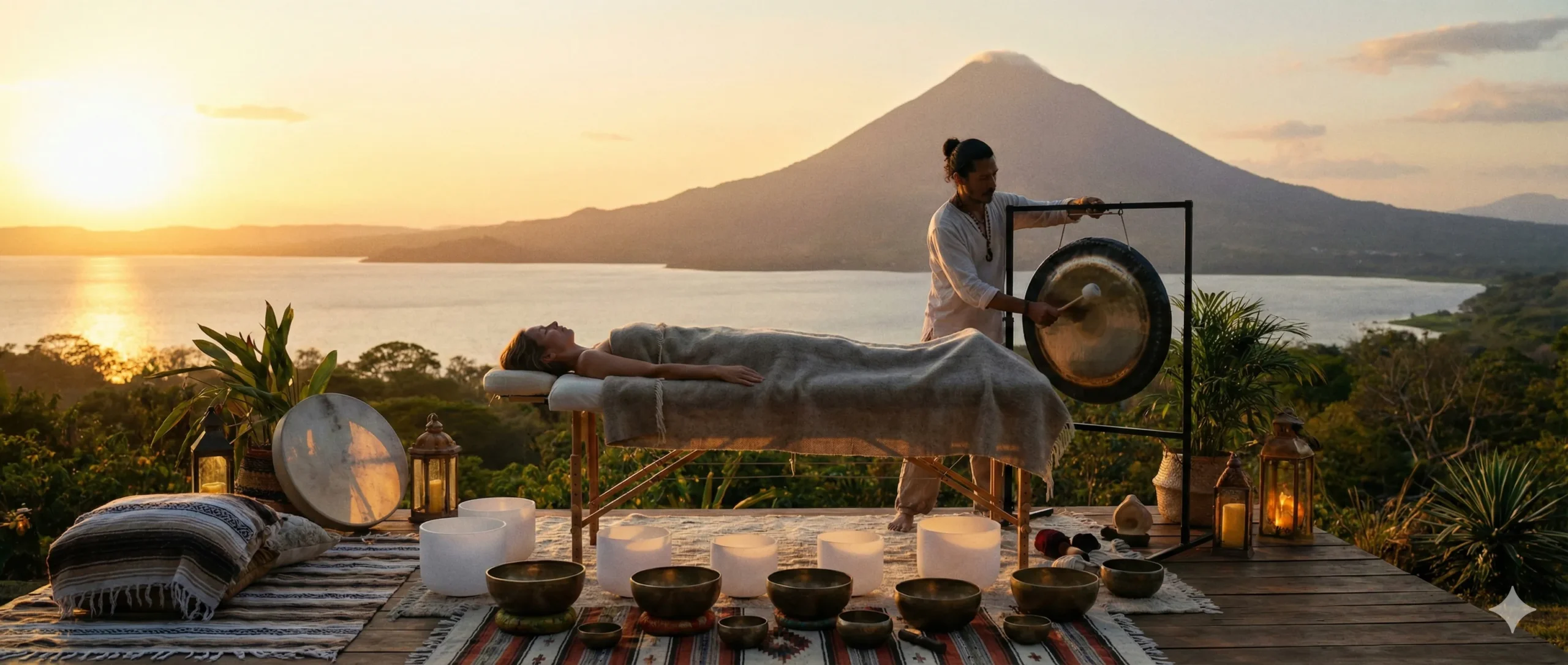 encabezado Contacto Sonoterapia Nicaragua.
Sesión de sonoterapia al atardecer al aire libre. Un terapeuta toca un gran gong mientras una mujer se relaja en una camilla de masaje, rodeada de cuencos tibetanos de cuarzo y metal sobre alfombras. El fondo muestra un lago y un volcán bajo una luz dorada.