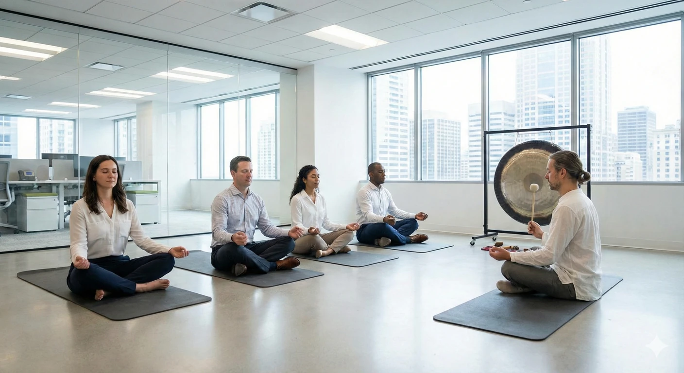 Sesión de bienestar corporativo con baño de gong en una oficina moderna con empleados meditando.