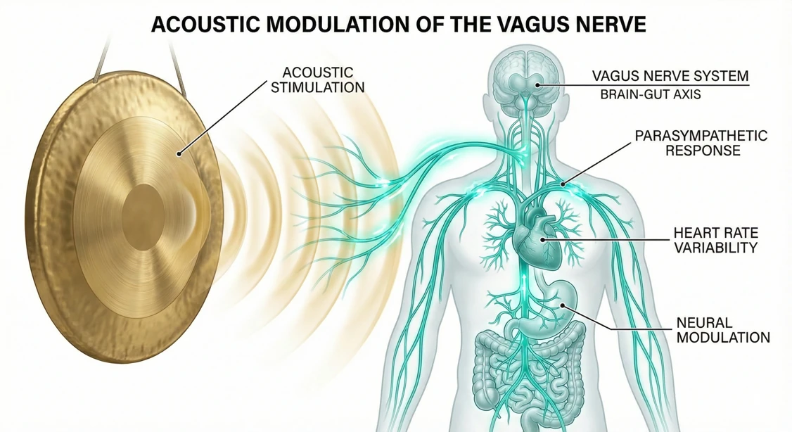 A scientifically accurate, clean digital illustration of a human silhouette showing the Vagus Nerve system running from the brainstem down to the heart and gut, glowing in a calming teal color