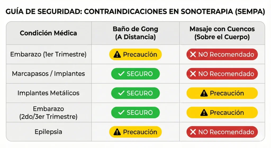 Tabla comparativa de seguridad y contraindicaciones: Muestra que el Baño de Gong a distancia es seguro para marcapasos e implantes metálicos, y requiere precaución en epilepsia y primer trimestre de embarazo. El Masaje con Cuencos sobre el cuerpo no se recomienda para embarazo (1er trimestre), marcapasos o epilepsia.