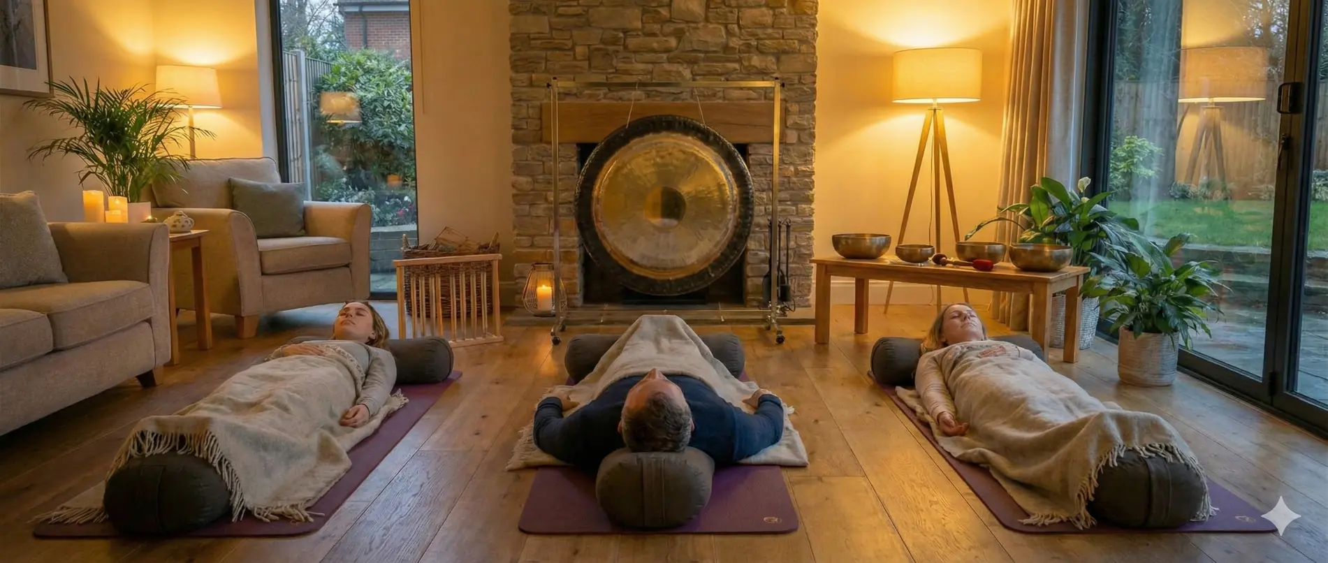Familia recostada en mats de yoga recibiendo una sesión privada de sonoterapia en la sala de su casa frente a una chimenea.