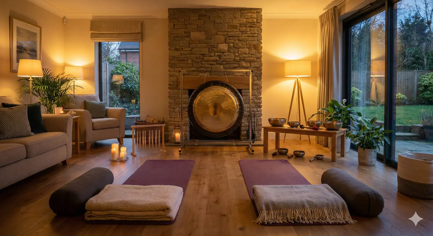 Set de instrumentos de sonoterapia incluyendo gong y cuencos tibetanos instalados en una sala para una sesión privada.