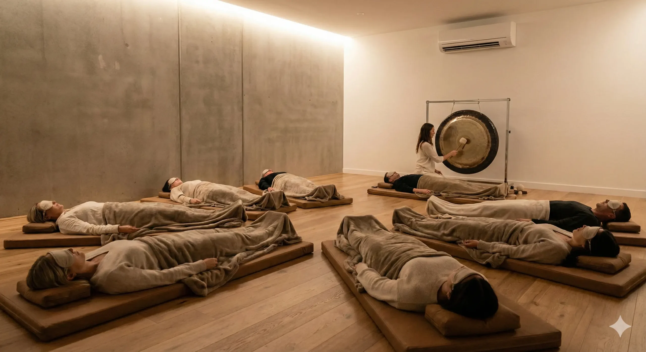 Sesión de baño de gong grupal en estudio interior moderno y climatizado de Sonoterapia Nicaragua, con participantes acostados cómodamente.