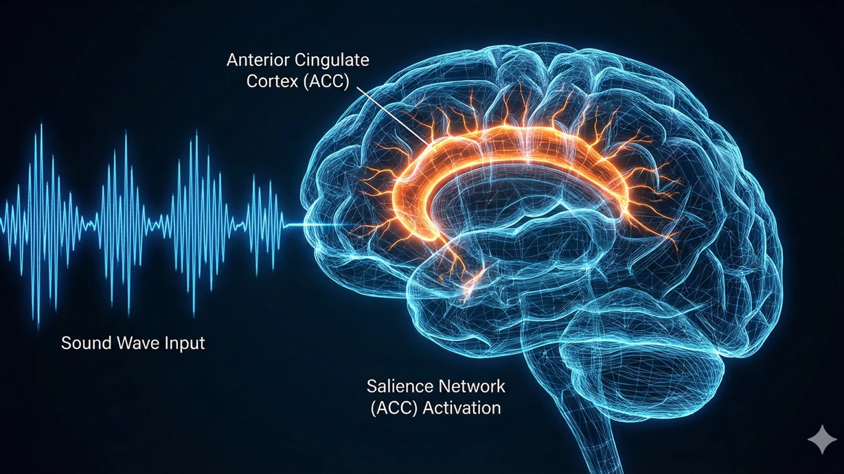 Diagrama de la red de saliencia activada durante la meditación con gong y neurociencia.